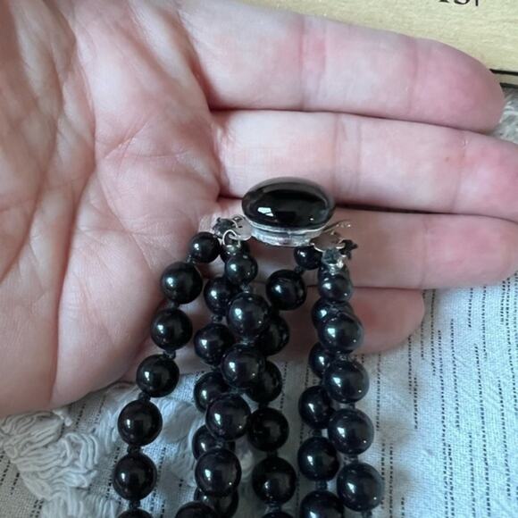Vintage Black Beaded Three Strand Graduating Necklace - Picture 2 of 3